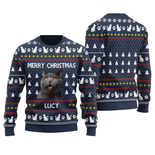 Merry Christmas Custom Ugly Christmas Sweater With Cat Navy - Funny Ugly Christmas Sweater