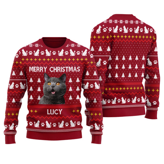 Merry Christmas Custom Ugly Christmas Sweater With Cat Cardinal Red - Funny Ugly Christmas Sweater