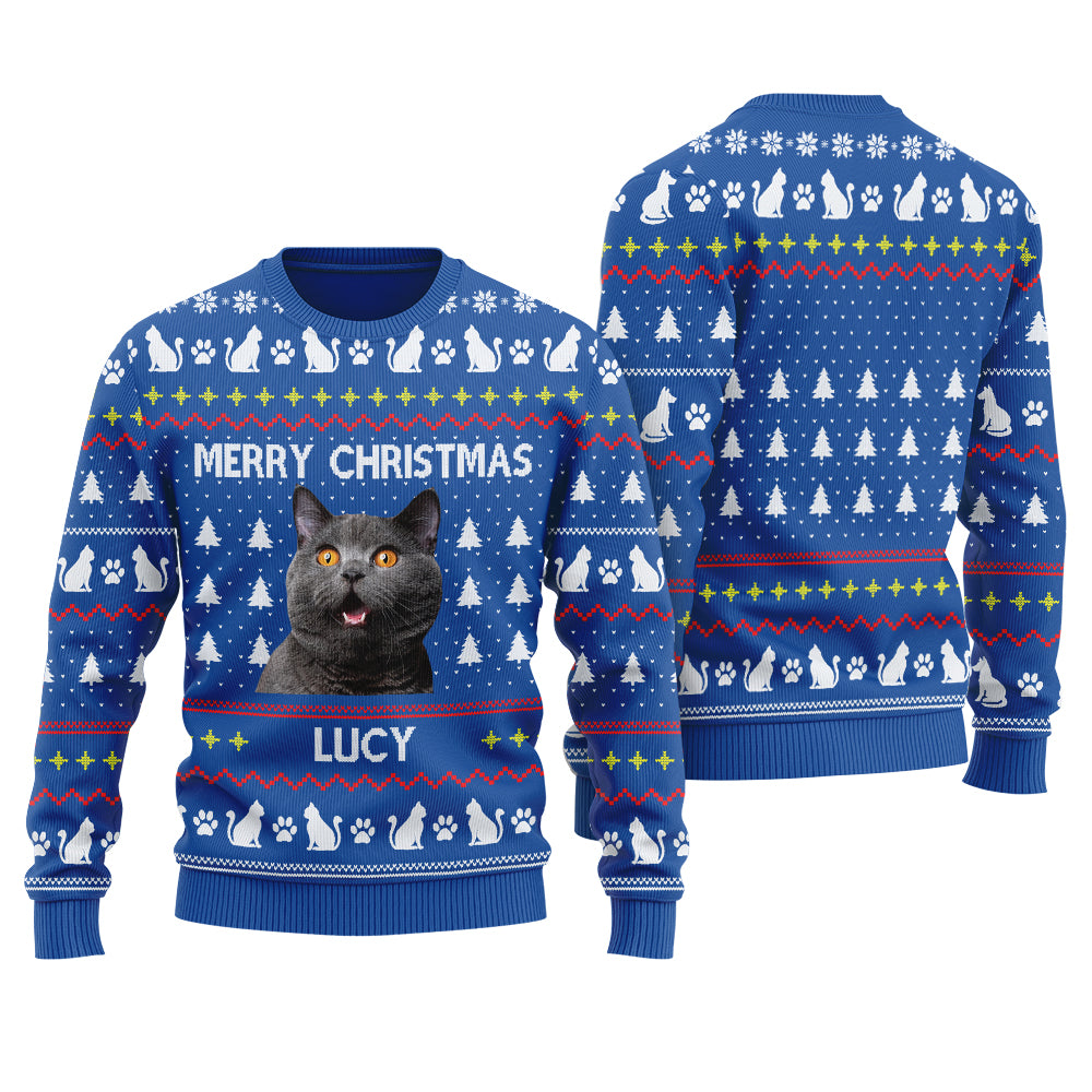 Merry Christmas Custom Ugly Christmas Sweater With Cat Royal - Funny Ugly Christmas Sweater