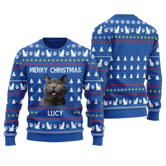 Merry Christmas Custom Ugly Christmas Sweater With Cat Royal - Funny Ugly Christmas Sweater