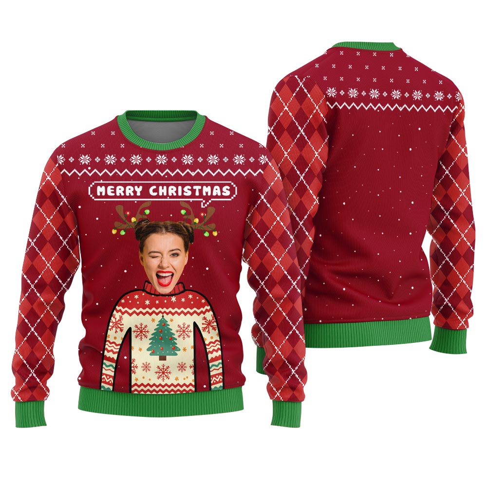 Merry Christmas Personalized Photo Ugly Christmas Sweater Women's
