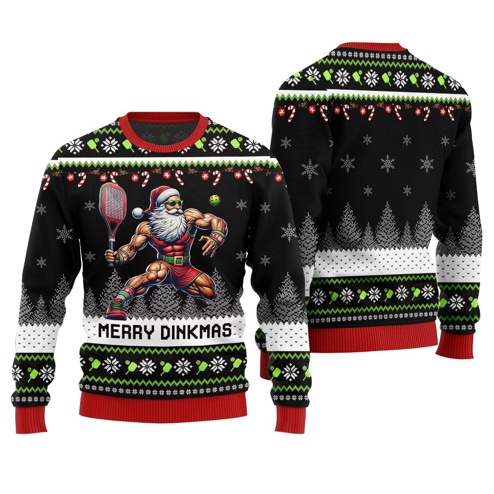 Merry Dinkmas Muscular Santa Playing Pickleball Ugly Sweater