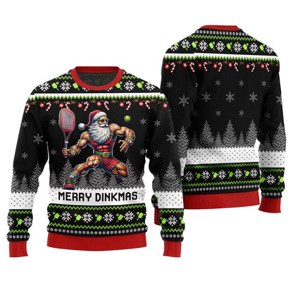Merry Dinkmas Muscular Santa Playing Pickleball Ugly Sweater