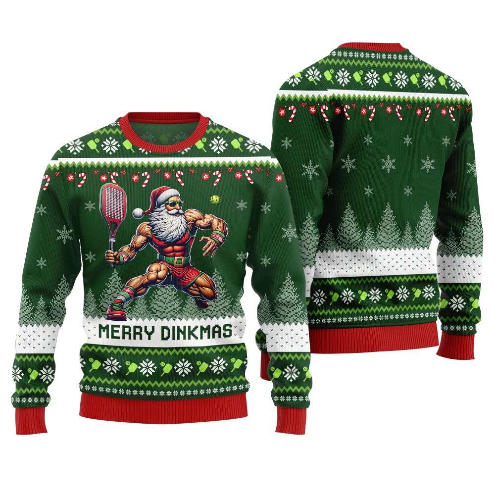 Merry Dinkmas Muscular Santa Playing Pickleball Ugly Sweater