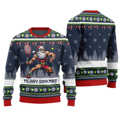 Merry Dinkmas Muscular Santa Playing Pickleball Ugly Sweater