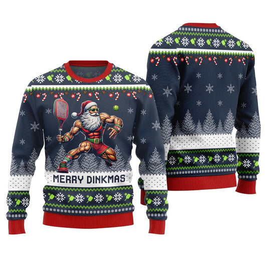 Merry Dinkmas Muscular Santa Playing Pickleball Ugly Sweater
