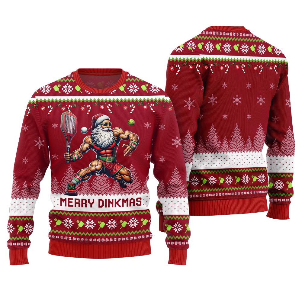Merry Dinkmas Muscular Santa Playing Pickleball Ugly Sweater