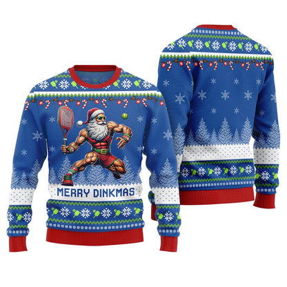Merry Dinkmas Muscular Santa Playing Pickleball Ugly Sweater