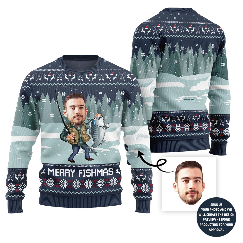 Merry Fishmas Custom Face Ugly Xmas Sweater