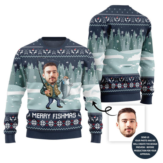 Merry Fishmas Custom Face Ugly Xmas Sweater