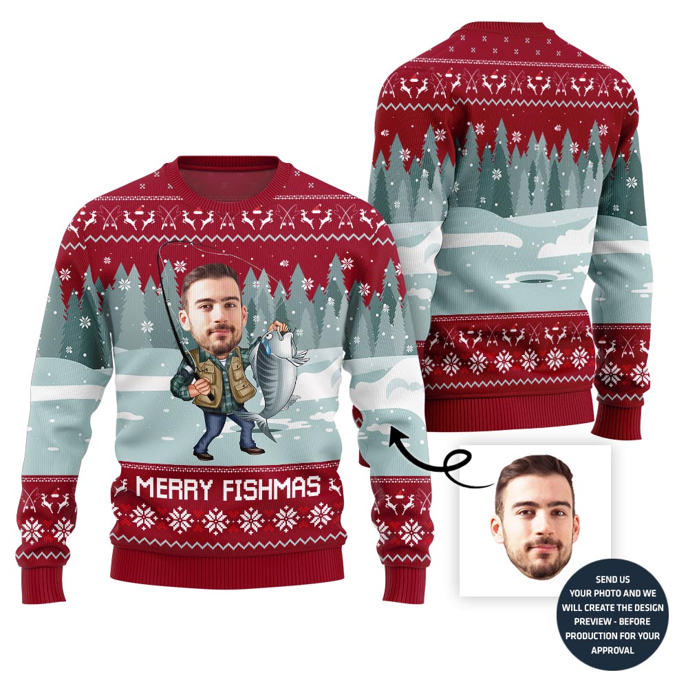 Merry Fishmas Custom Face Ugly Xmas Sweater