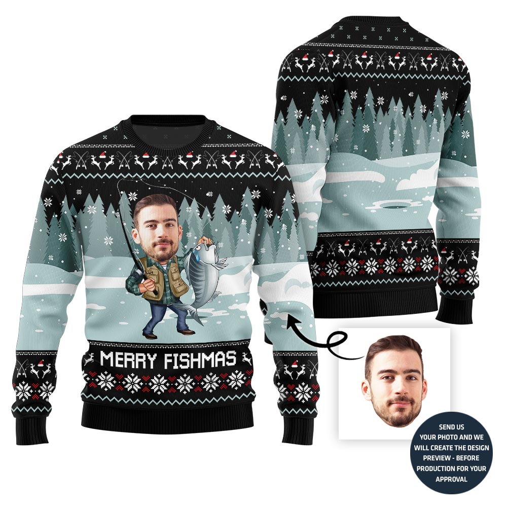 Merry Fishmas Custom Face Ugly Xmas Sweater