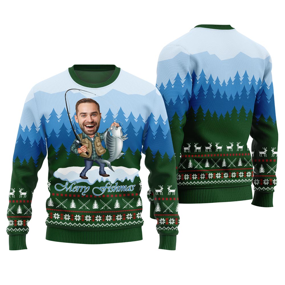 Merry Fishmas Custom Face Ugly Sweater