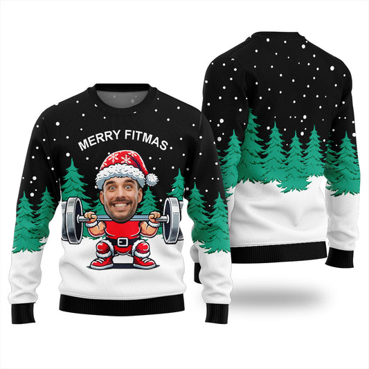 Merry Fitmas Custom Face Funny Santa Christmas Sweater Men