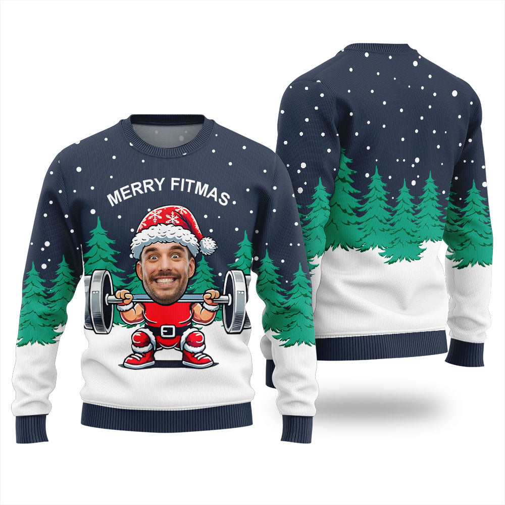 Merry Fitmas Custom Face Funny Santa Christmas Sweater Men