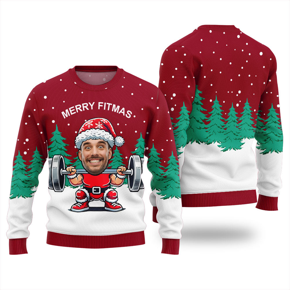 Merry Fitmas Custom Face Funny Santa Christmas Sweater Men