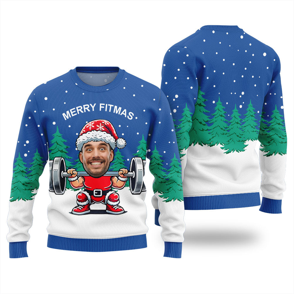 Merry Fitmas Custom Face Funny Santa Christmas Sweater Men