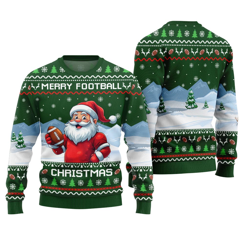 Merry Football Christmas Ugly Sweater With Santa