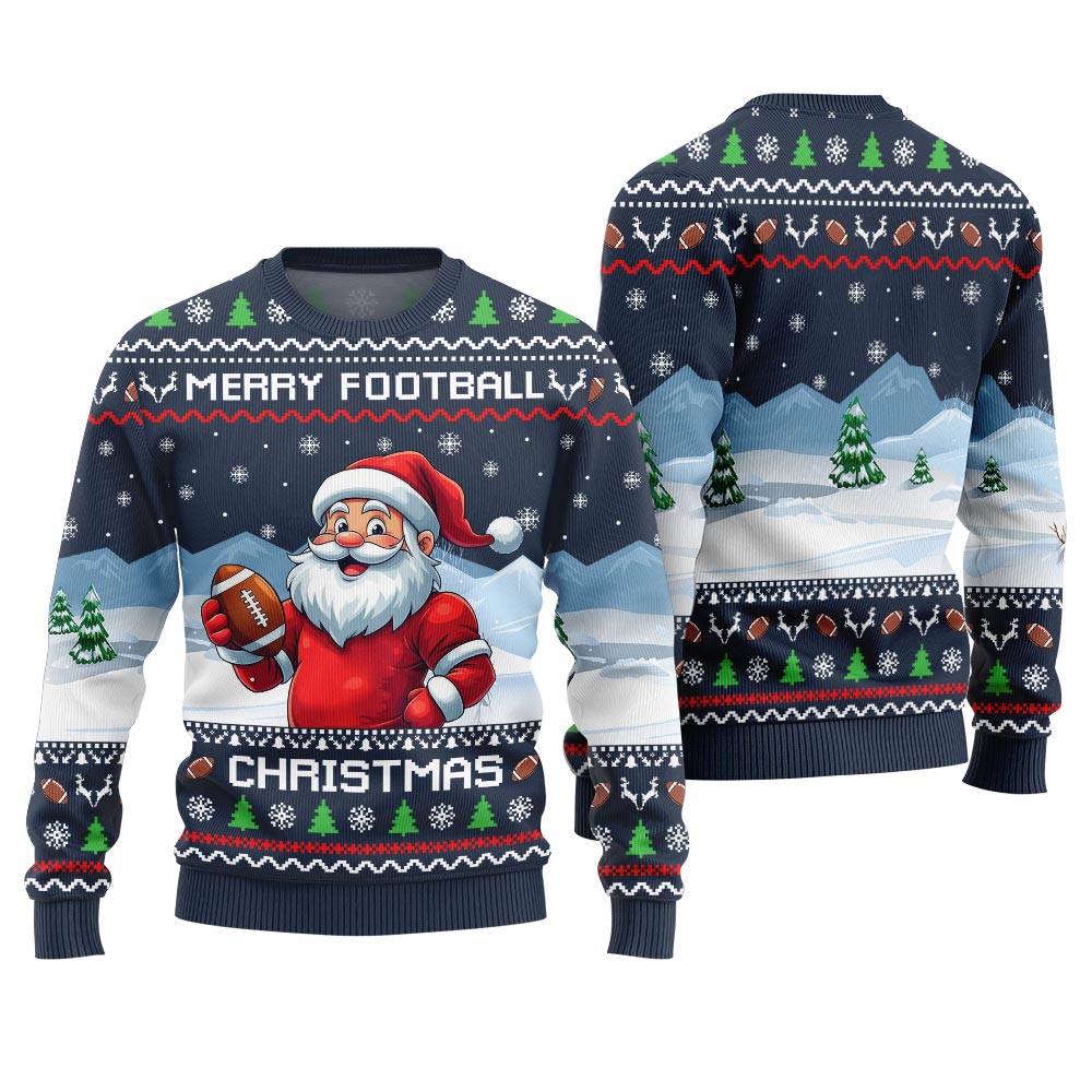 Merry Football Christmas Ugly Sweater With Santa
