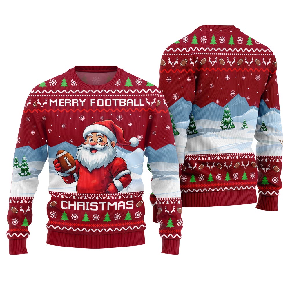 Merry Football Christmas Ugly Sweater With Santa