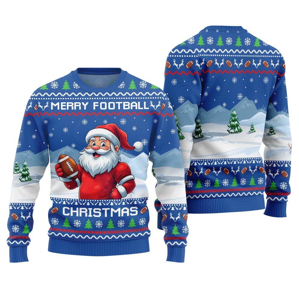 Merry Football Christmas Ugly Sweater With Santa
