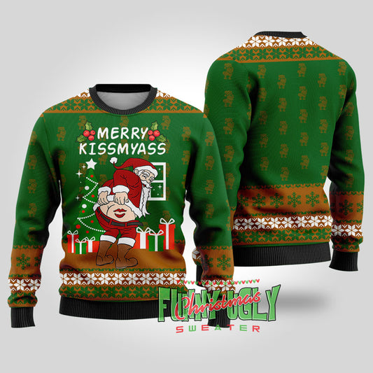 Merry Kissmyass Naughty Santa Sweater Forest Green