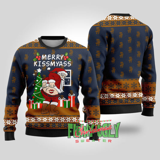 Merry Kissmyass Naughty Santa Sweater Navy