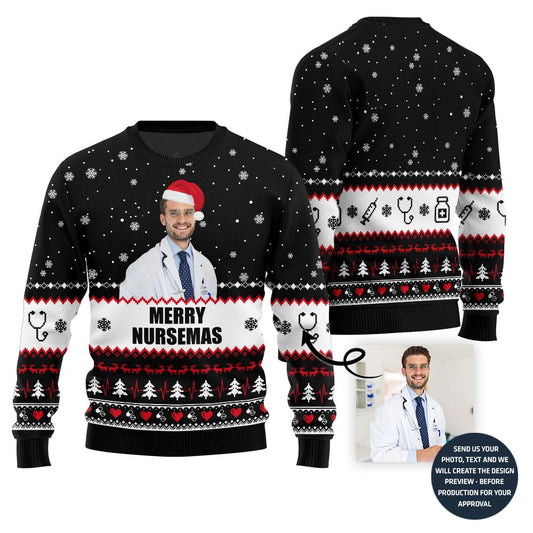 Merry Nursemas Custom Face Ugly Sweater With Simple Style