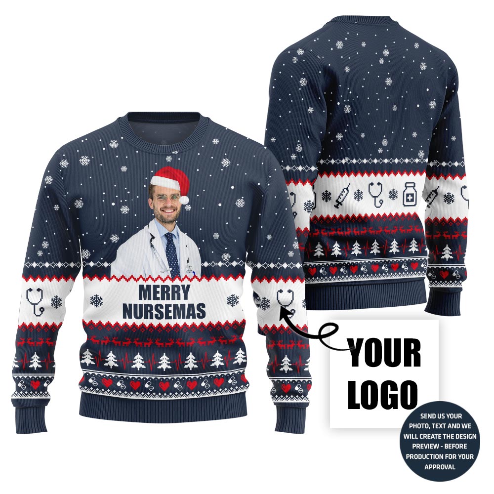 Merry Nursemas Custom Face Ugly Sweater With Simple Style
