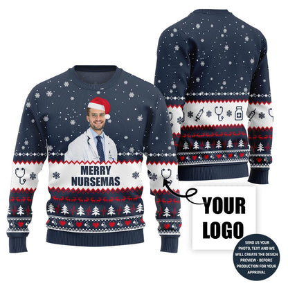 Merry Nursemas Custom Face Ugly Sweater With Simple Style