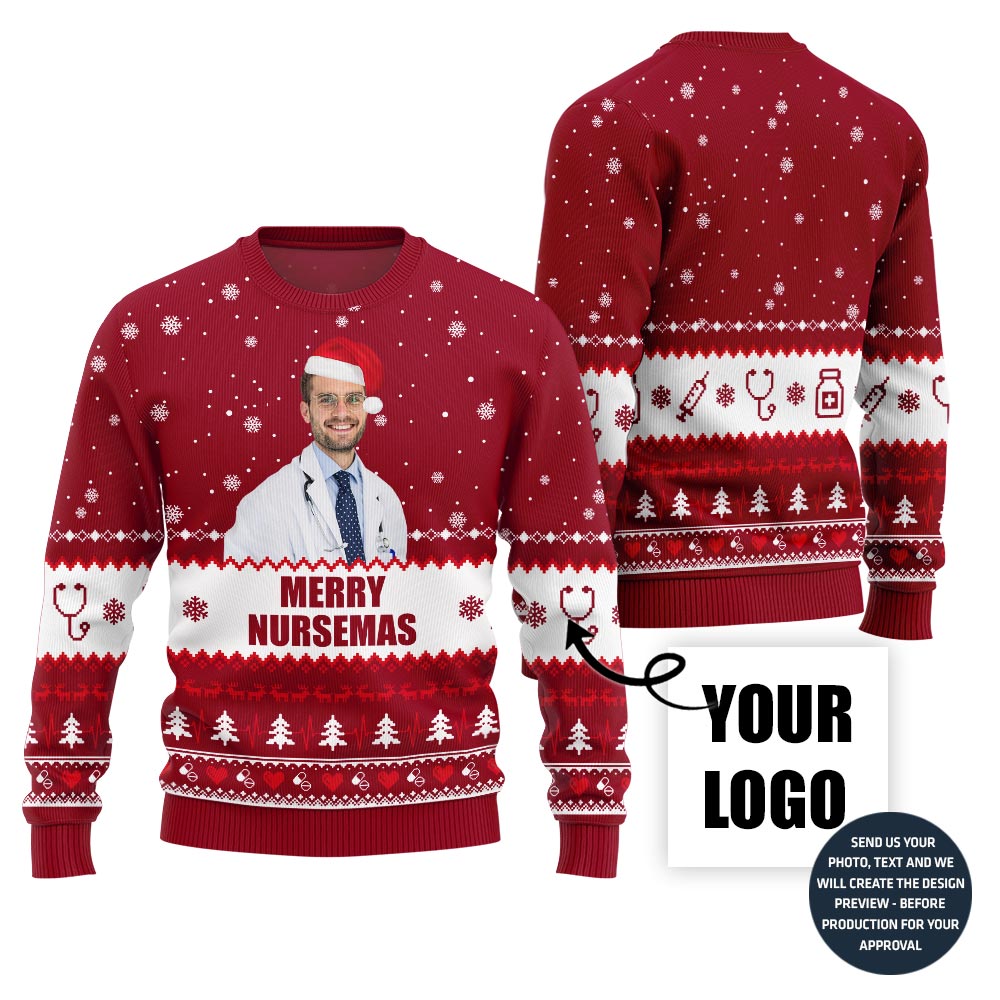 Merry Nursemas Custom Face Ugly Sweater With Simple Style