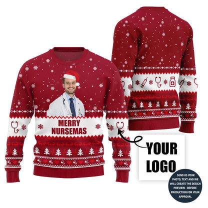 Merry Nursemas Custom Face Ugly Sweater With Simple Style