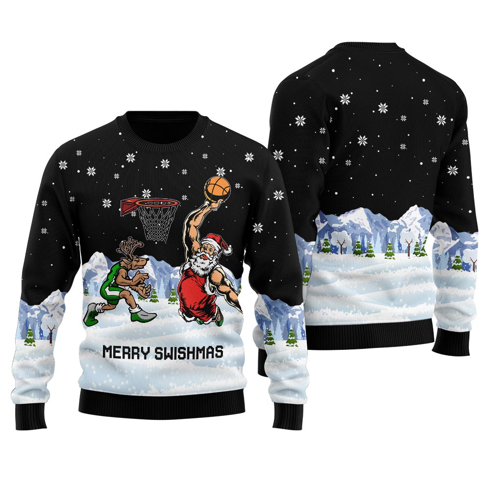 Santa Playing Basketball With Reindeer Men's Ugly Christmas Sweater