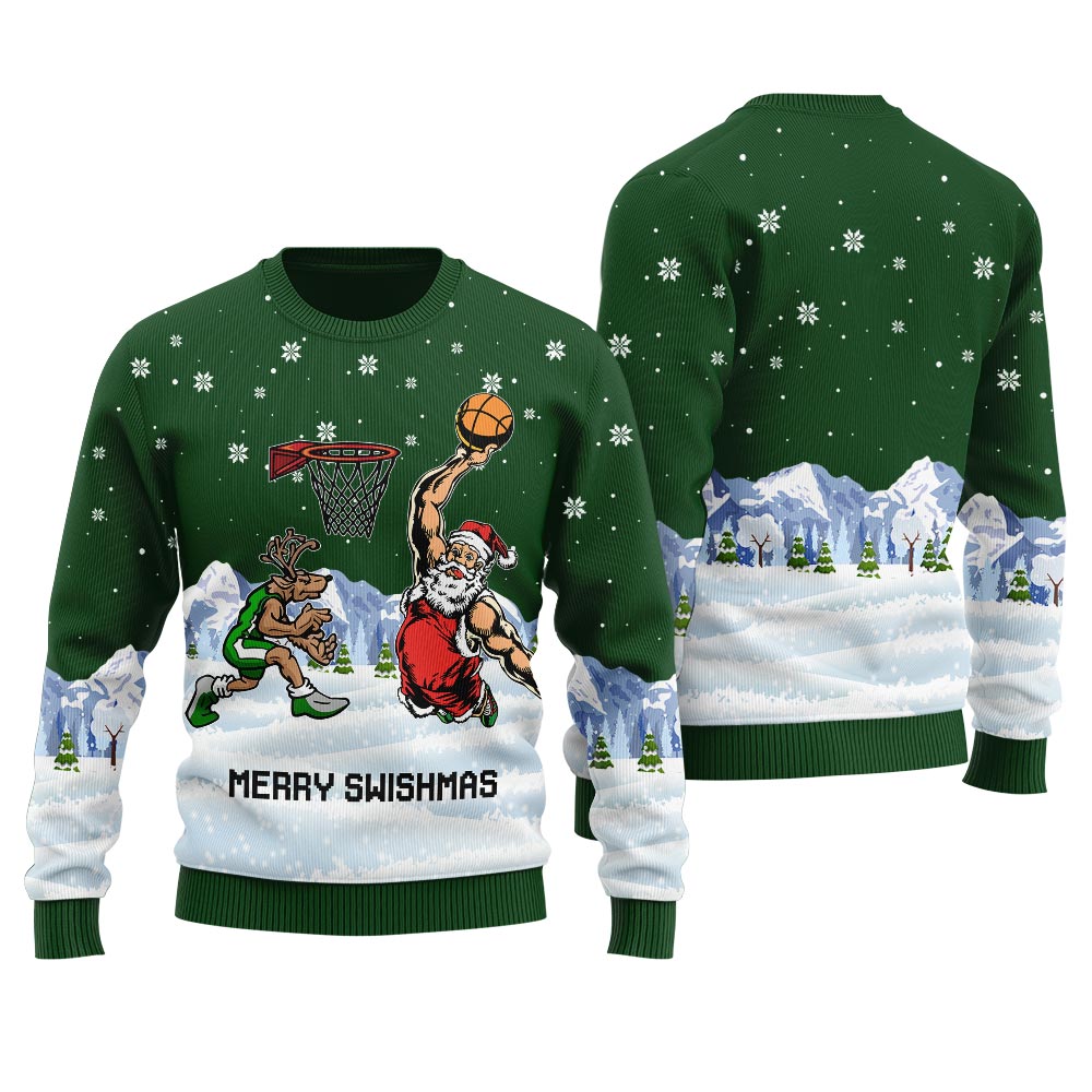 Santa Playing Basketball With Reindeer Men's Ugly Christmas Sweater