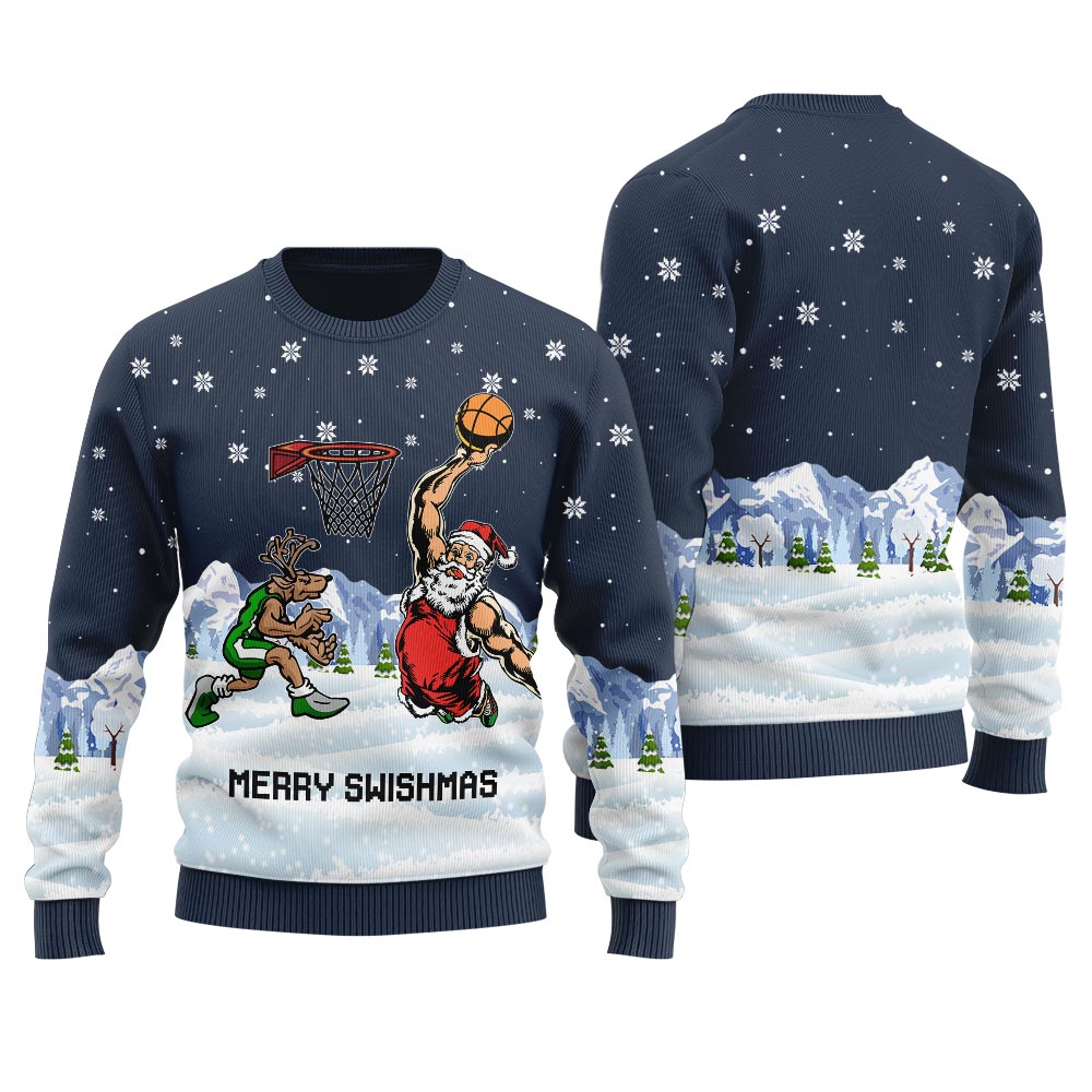 Merry Swishmas Santa And Reindeer Ugly Christmas Sweater