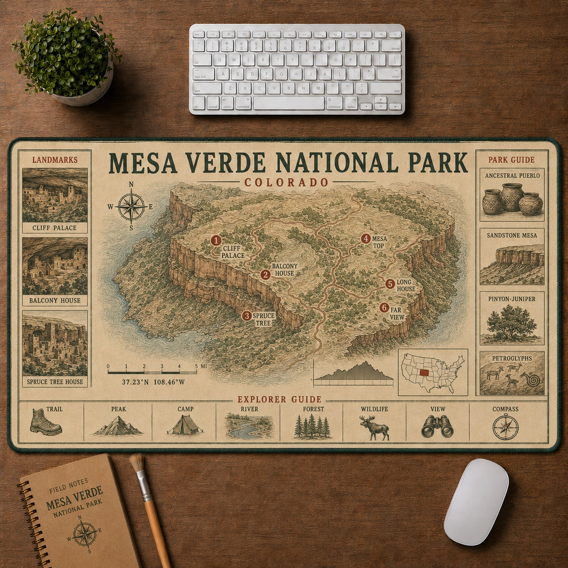 Mesa Verde National Park Vintage Topographic Park Map Explorer Guide Desk Mat | 5To9Vibe