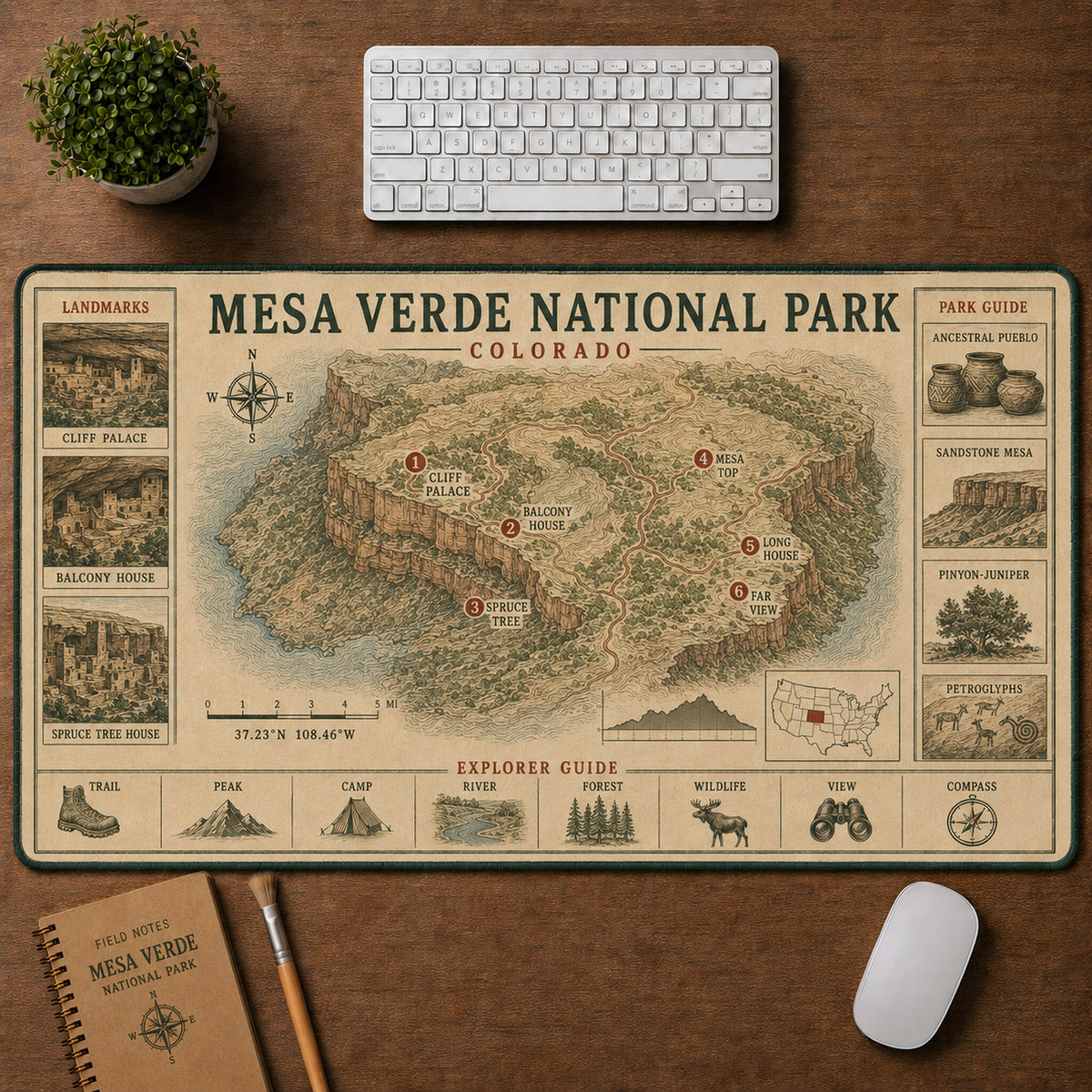 Mesa Verde National Park Vintage Topographic Park Map Explorer Guide Desk Mat | 5To9Vibe