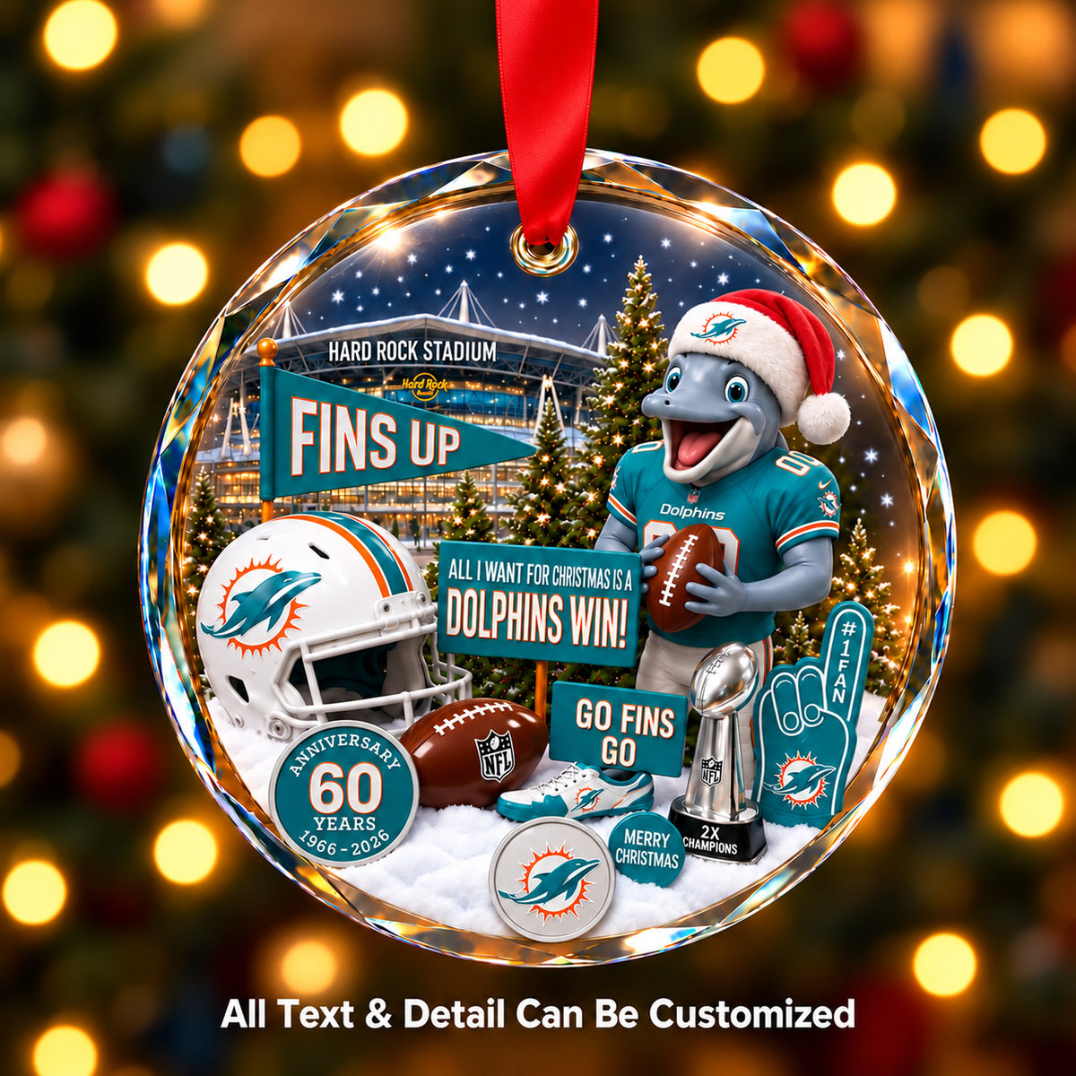 Miami Dolphins Snow Globe Glass Ornament