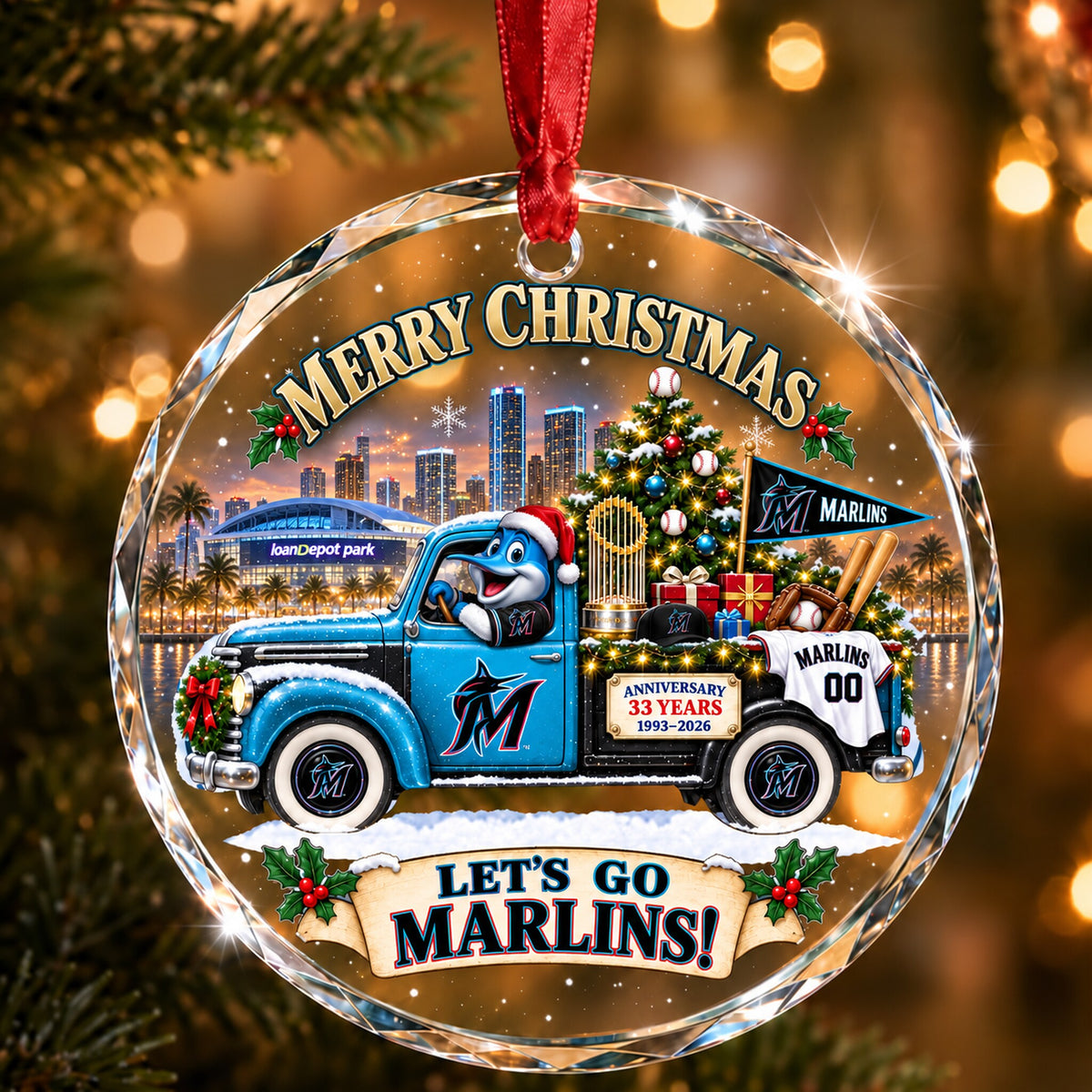 All Baseball Teams Christmas Truck Round Glass Ornament  With Red Gift Box | 5to9vibe