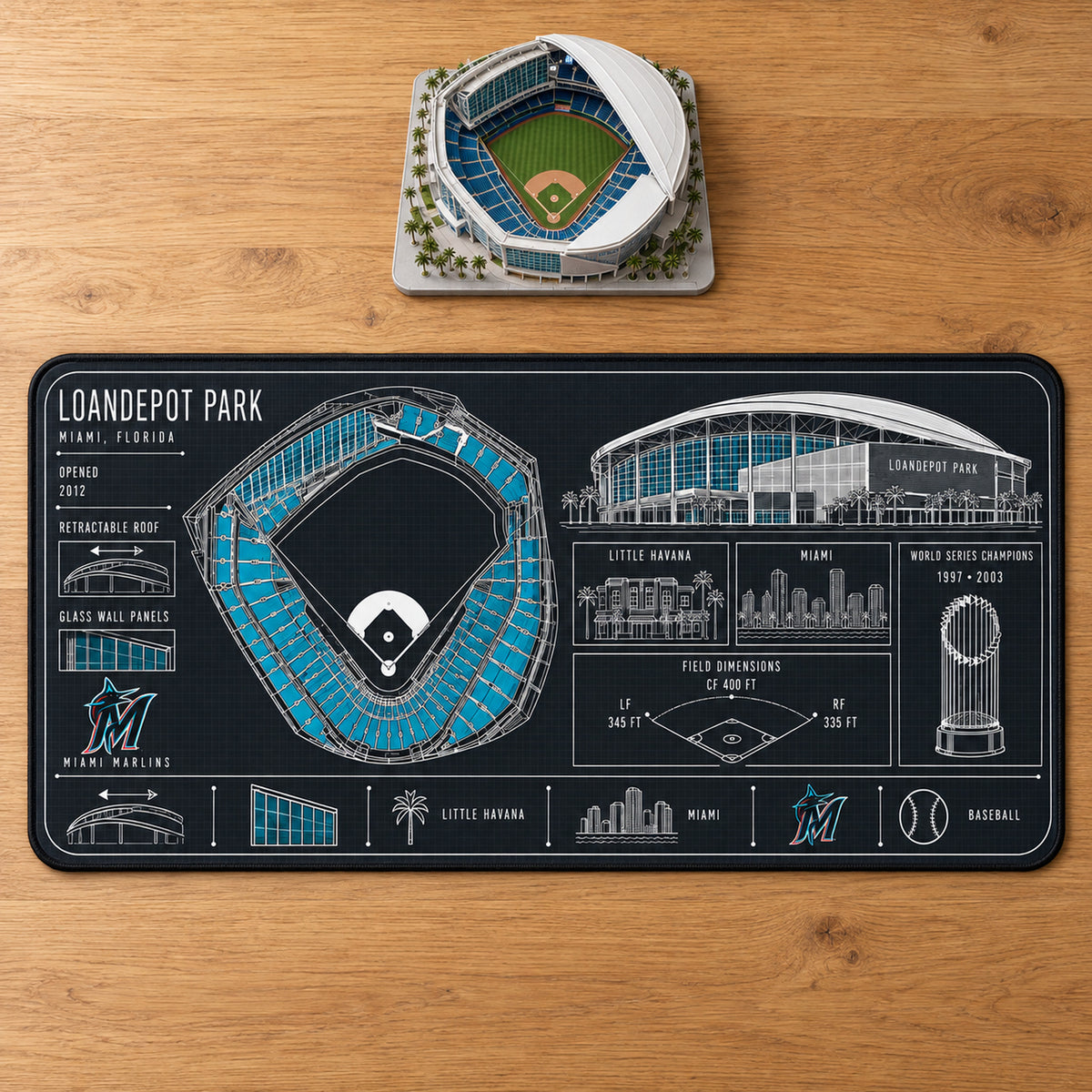 Miami Marlins loanDepot park blueprint desk mat, 16" x 32", on a wooden desk with a decorative stadium model