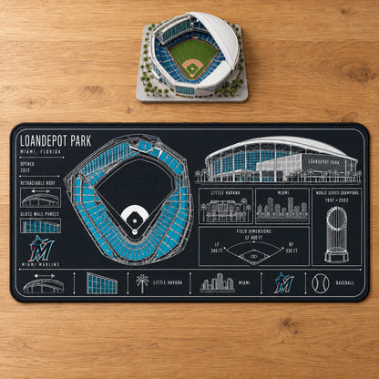Miami Marlins loanDepot park blueprint desk mat, 16" x 32", on a wooden desk with a decorative stadium model