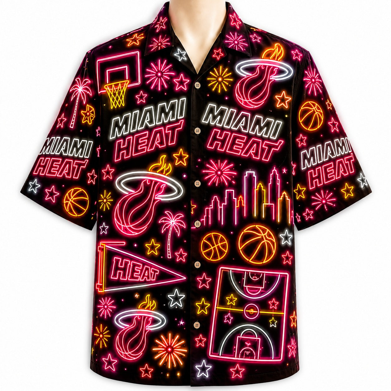 All Basketball Teams Neon Pattern Vibe Summer Party Button-Up Unisex Hawaiian Shirt For Men and Women