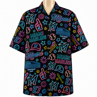 All Baseball Teams Neon Pattern Vibe Summer Party Button-Up Unisex Hawaiian Shirt For Men and Women