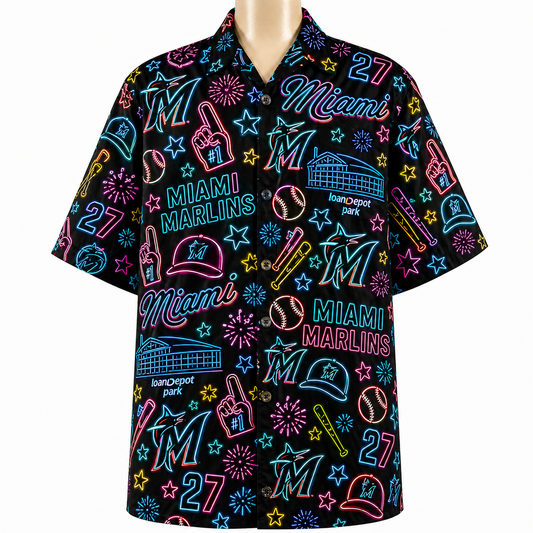 MM Baseball Teams Neon Pattern Vibe Summer Party Button-Up Unisex Hawaiian Shirt For Men and Women