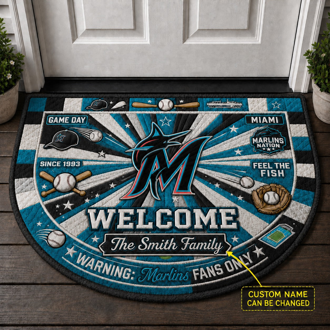 Official-Inspired Baseball Fan Custom Quilted Print Premium Welcome Mat Washable Black Border – Personalized Baseball Doormat