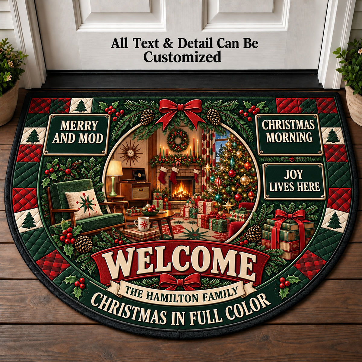 Mid Century Christmas Morning Personalized Half Round Mat | 5To9Vibe