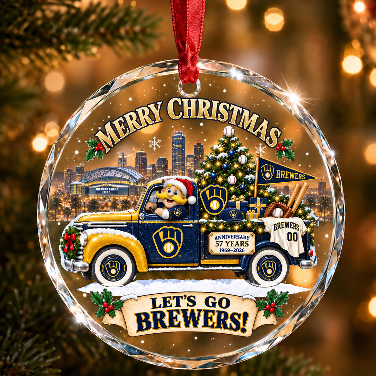 All Baseball Teams Christmas Truck Round Glass Ornament  With Red Gift Box | 5to9vibe