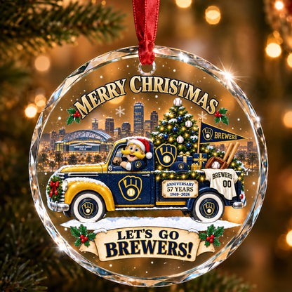 All Baseball Teams Christmas Truck Round Glass Ornament  With Red Gift Box | 5to9vibe