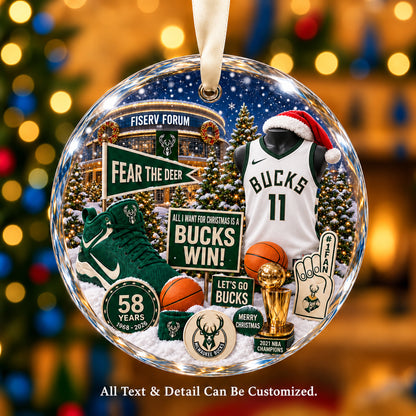 Milwaukee Bucks Snow Globe Glass Ornament