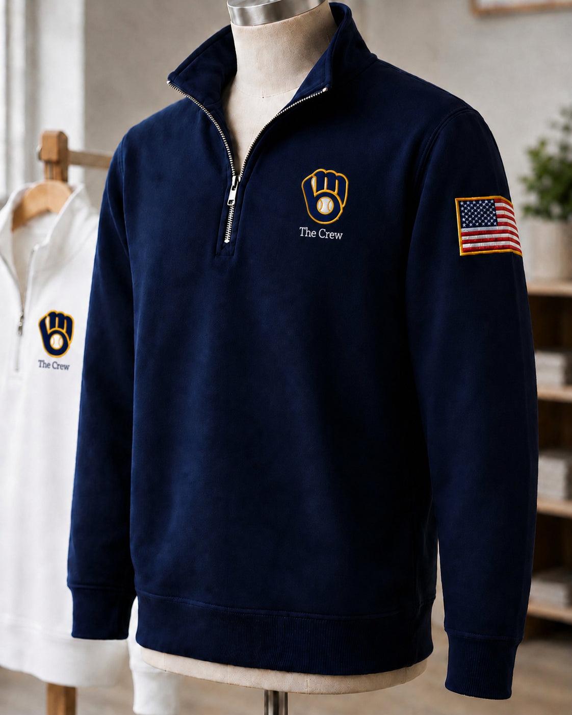 All Baseball Teams Embroidered Logo and Us Flag Premium Quarter Zip Sweatshirt, Inspired Quarter Zip Sweater, Unisex Baseball Sweatshirt